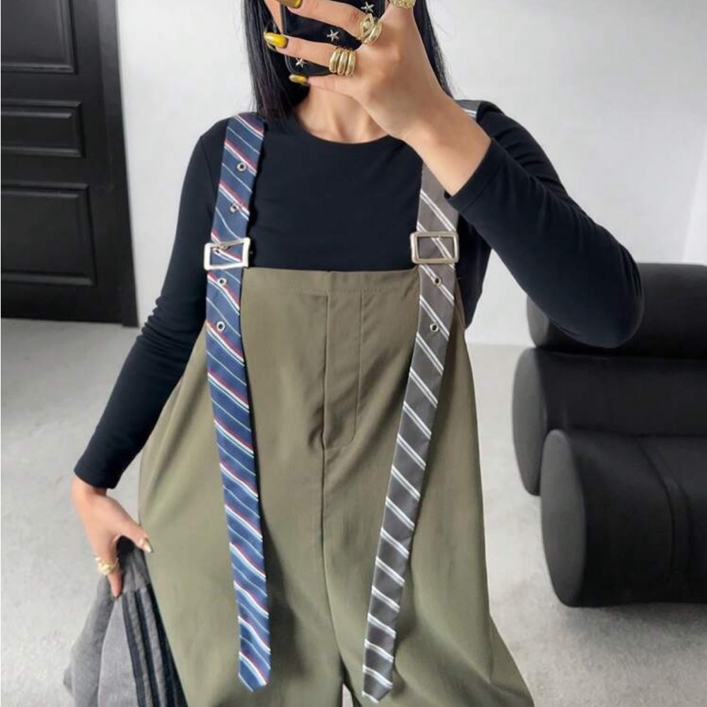 SHEIN Olive Green Wide-Leg Suspender Jumpsuit with Striped Ties - Picture 3 of 9